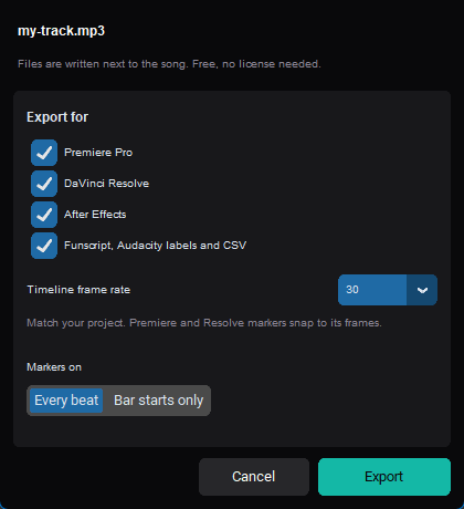 Onset Engine's Export beats dialog with Premiere Pro, DaVinci Resolve and After Effects selected, a 30 fps timeline frame rate and markers on every beat