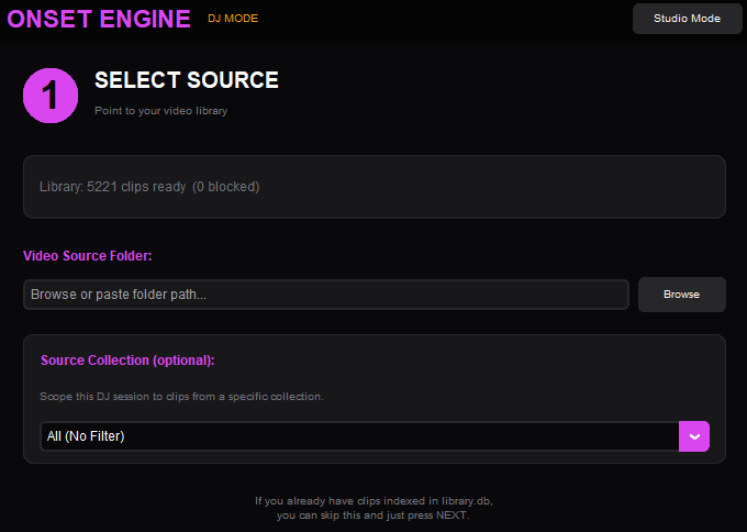 DJ Mode's first step: choose the video library, or a collection, to play from