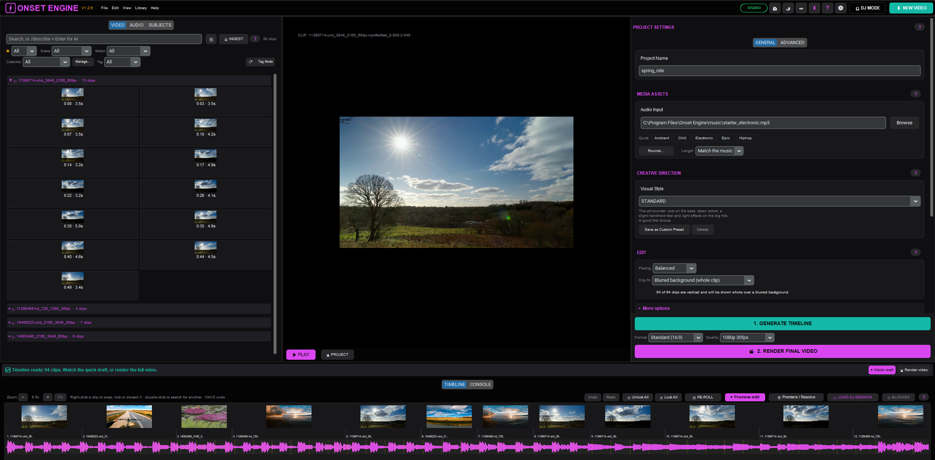 The Onset Engine Editor showing a video preview, timeline, and editing controls