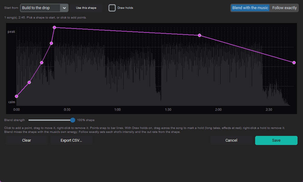 The Energy arc editor: a Build to the drop shape drawn over the song, from calm to peak
