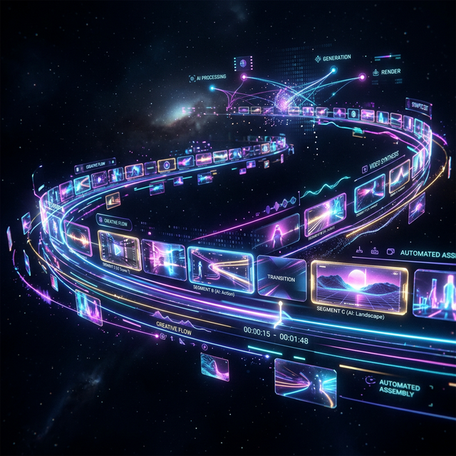 Illustration of video clips flowing along a glowing timeline