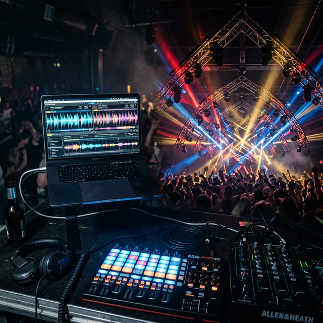 Illustration of a DJ booth with a laptop, a pad controller and a mixer, facing a crowd under stage lights