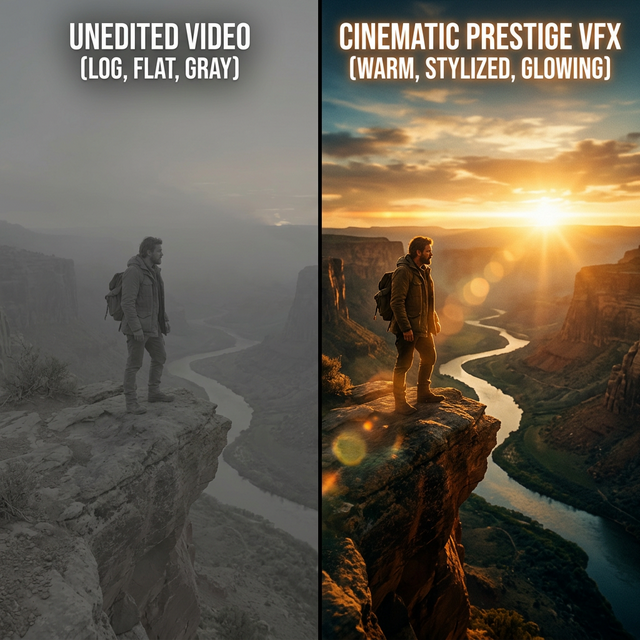 Illustration of the same shot twice: flat and ungraded, and with a warm cinematic grade