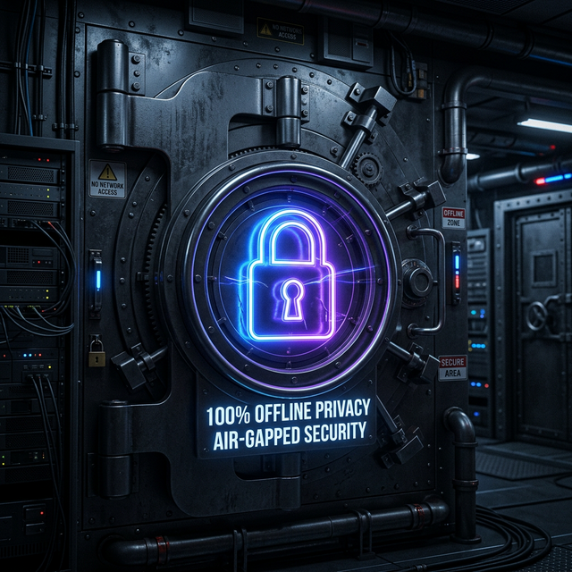 Illustration of a vault door with a glowing padlock, labeled offline privacy