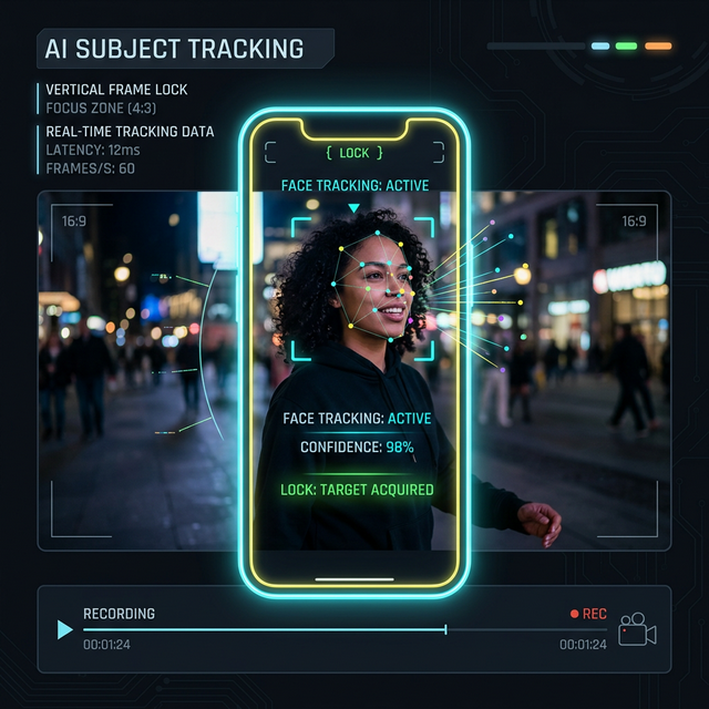 Illustration of a wide street shot reframed to a vertical phone frame around a person's face