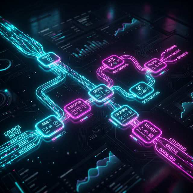 Illustration of a video pipeline, from ingest through editing to delivery