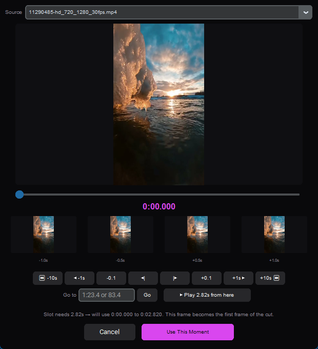 Pick in point: scrub the source video and choose the exact moment a cut starts on